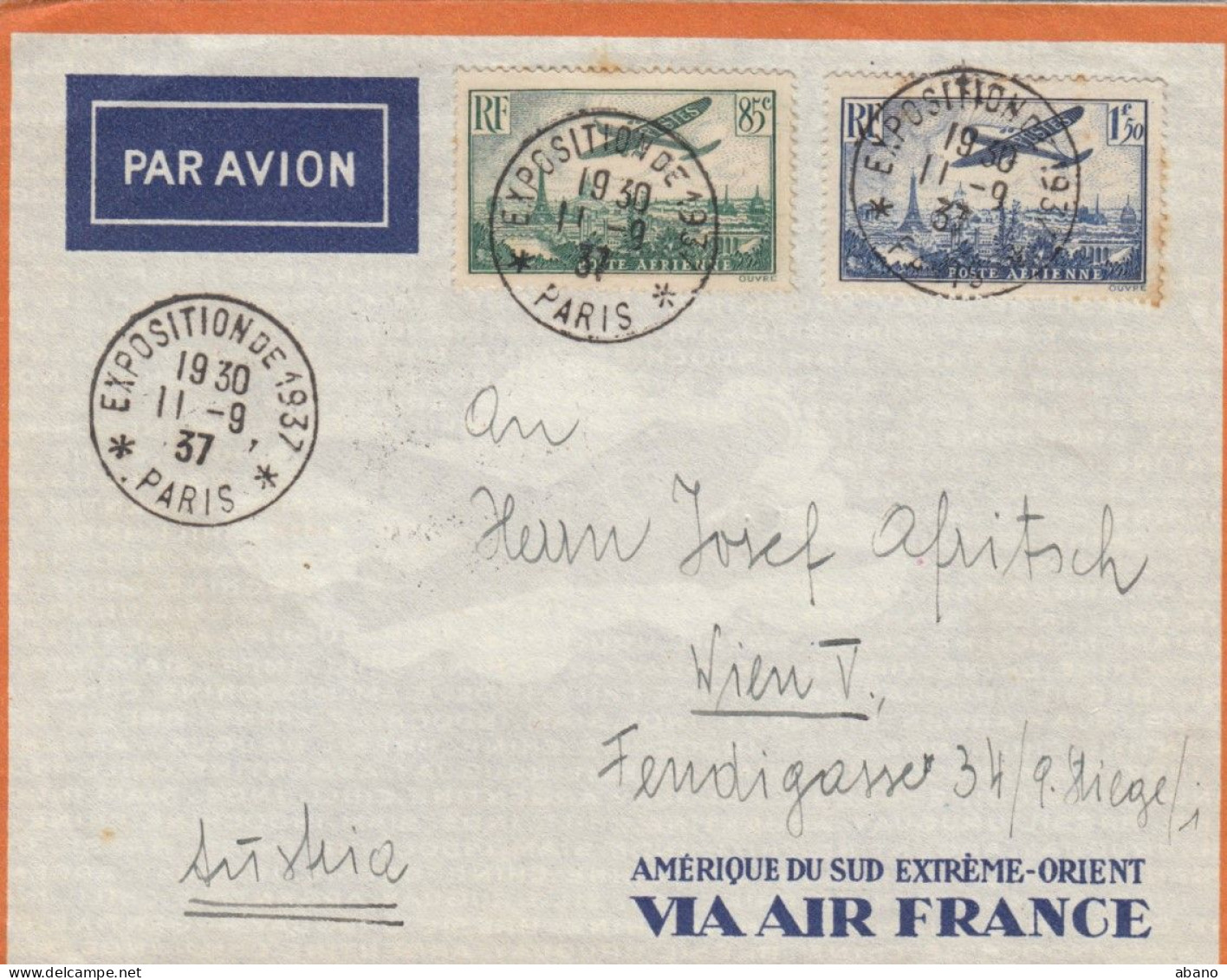 Frankreich 1936 Par Avion Flugpost 85 C. + 1,50 F. Brief EXPOSITION DE 1937 PARIS Nach Wien !!! - Briefe U. Dokumente