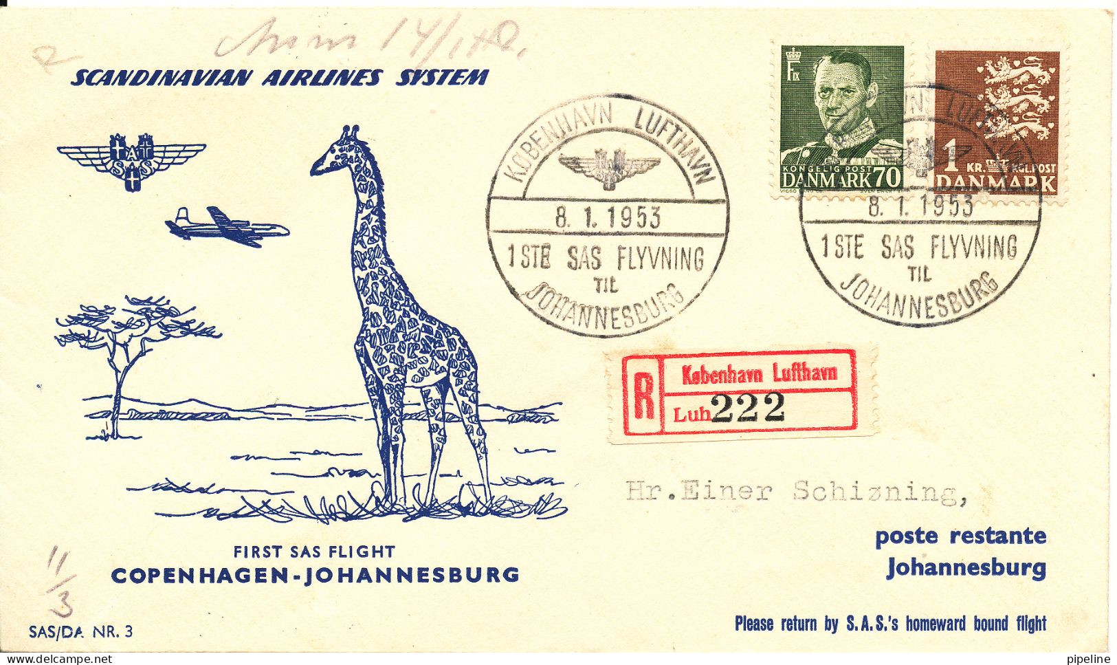 Denmark Registered Cover First SAS Flight Copenhagen - Johannesburg 8-1-1953 - Briefe U. Dokumente