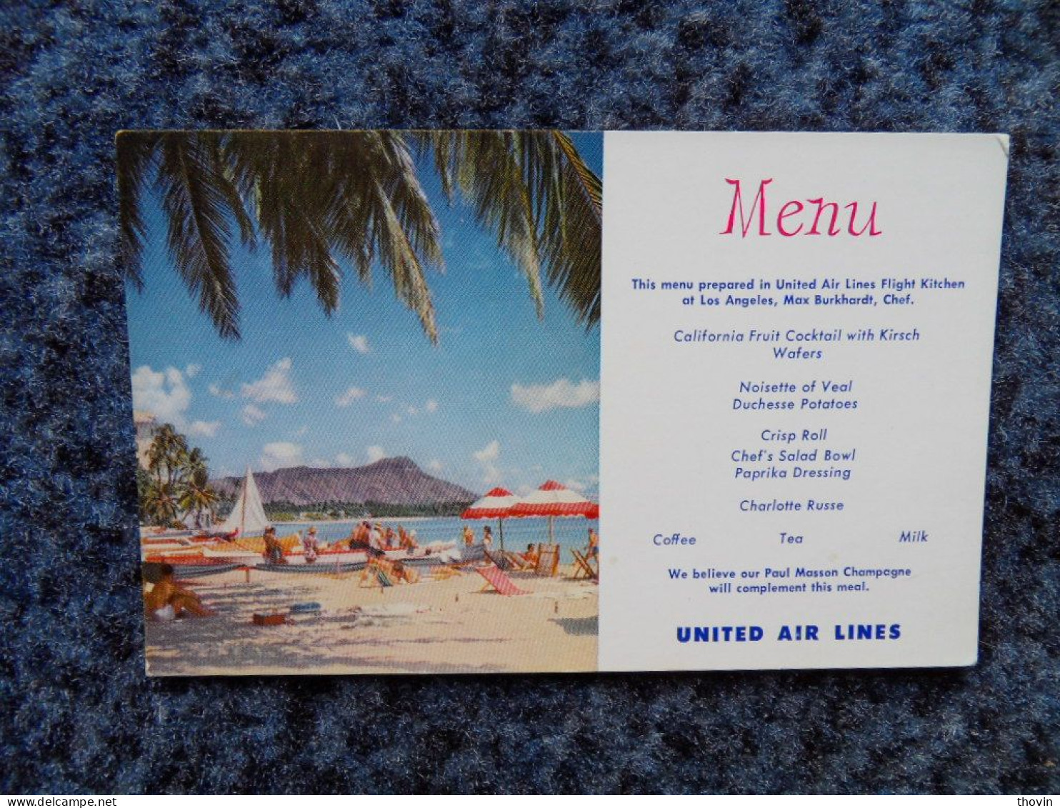 KB11/1227-United Airlines Menu Waikiki Beach Hawaï - Autres & Non Classés