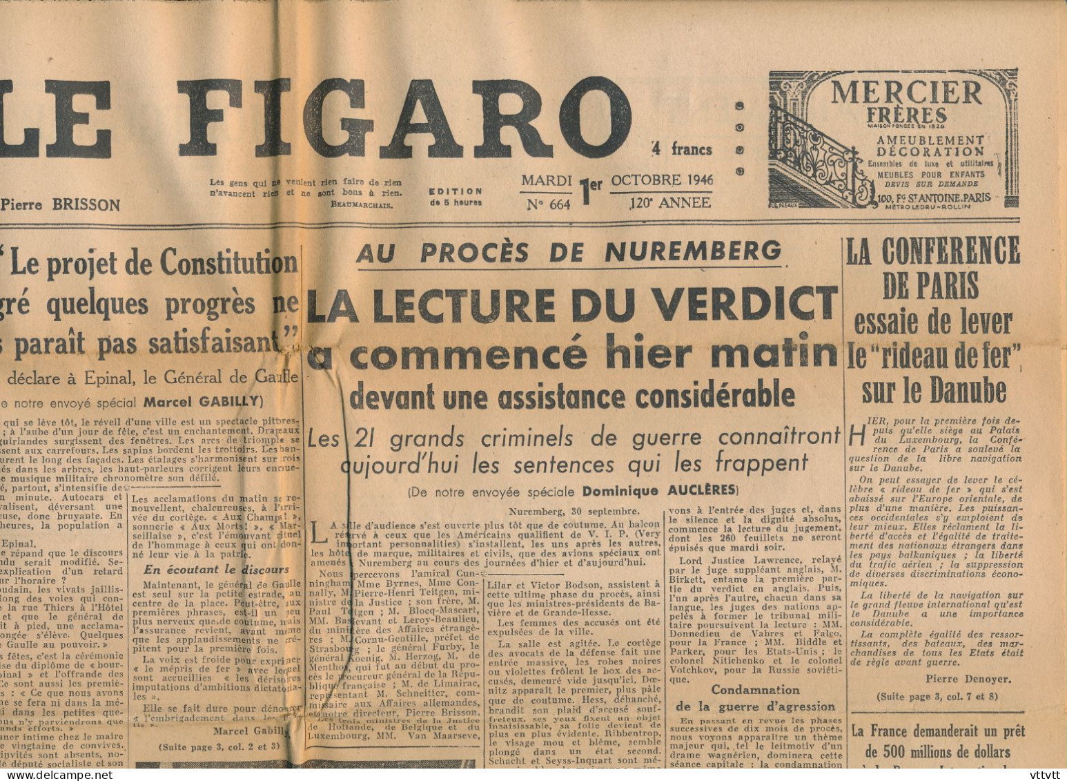 LE FIGARO, Mardi 1er Octobre 1946, N° 664, Lecture Du Verdict Au Procès De Nuremberg, Projet De Constitution, De Gaulle - Allgemeine Literatur