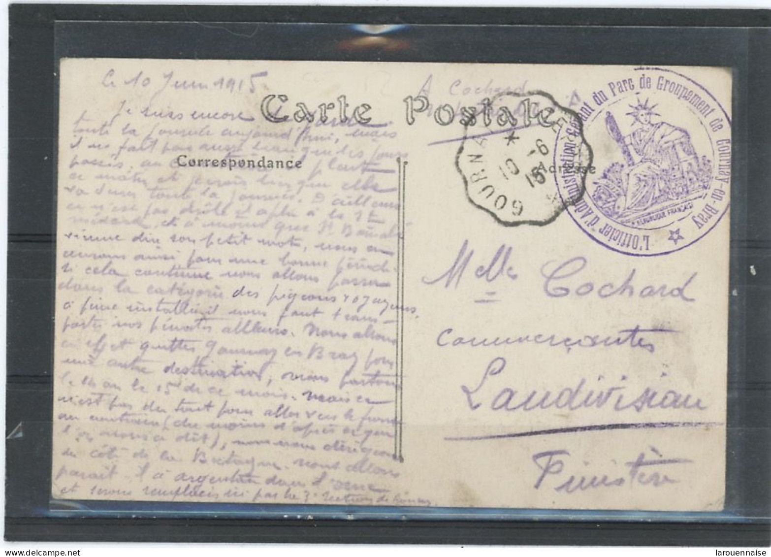 CACHET MILITAIRE -76 GOURNAY EN BRAY -C P- FRAPPE  TTB -DOUBLE CERCLE ,VIOLET,38mm L'OFFICIER D'ADMINISTRATION GERANT DU - Guerre De 1914-18