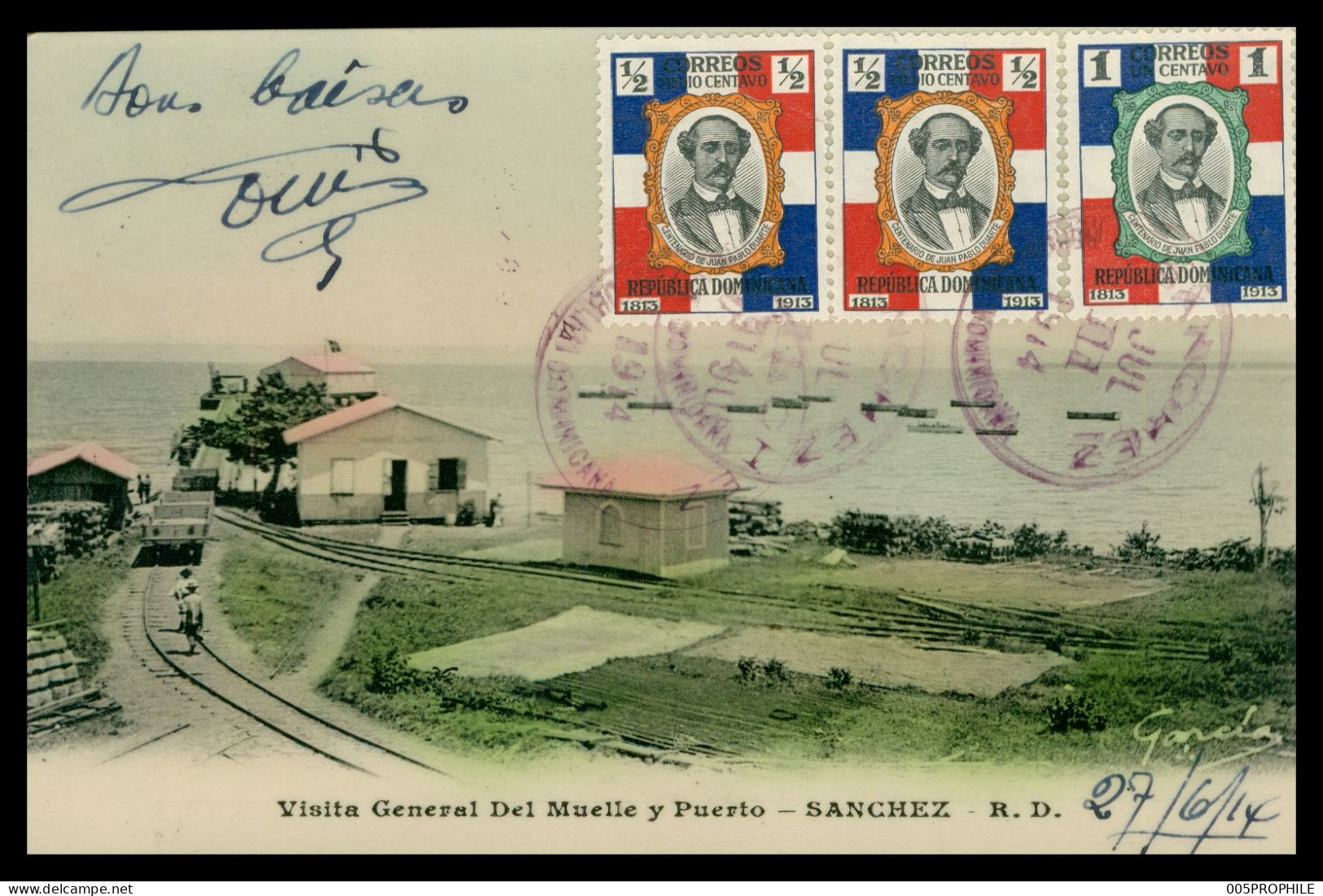 * CP GLACEE ET COLORISEE - SANCHEZ * R.D. - DEL MUELLE Y PUERTO - ANIMEE - EDIT. GARCHO - 1914 - TIMBRES CORREOS - Dominikanische Rep.