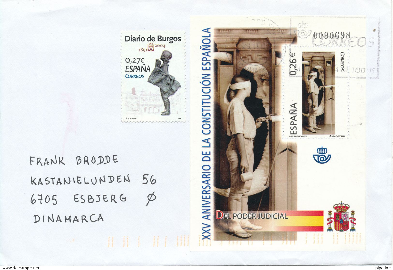 Spain Cover Sent To Denmark 29-11-2004 Franked With A Souvenir Sheet - Storia Postale