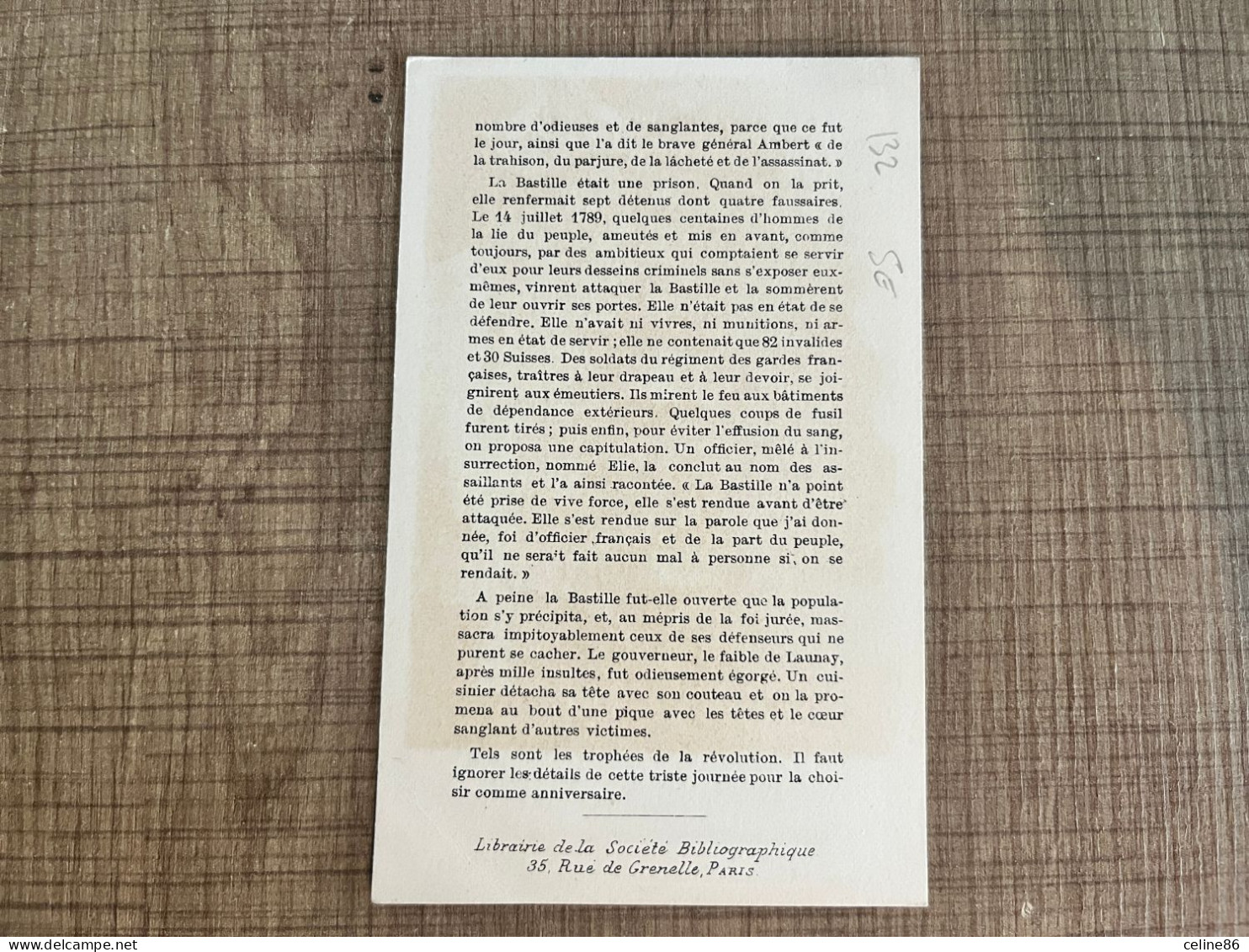 PRISE DE LA BASTILLE Librairie De La Société Bibliographique - Altri & Non Classificati