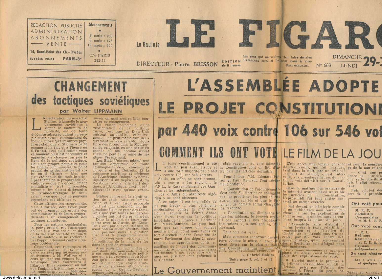 LE FIGARO, Dimanche 29 Septembre 1946, N° 663, Adoption Du Projet Constitutionnel, U.R.S.S., Les Dardanelles, Détroits - Allgemeine Literatur