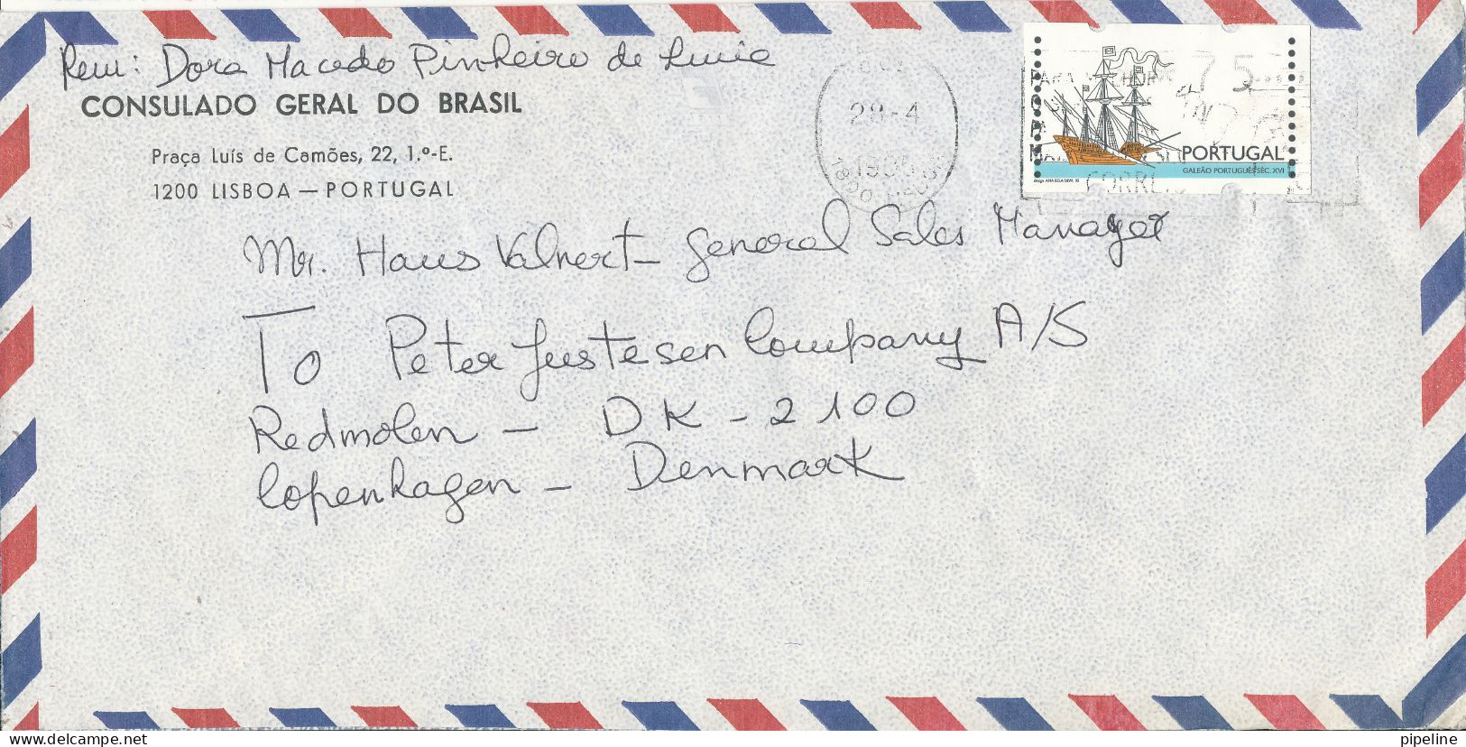 Portugal Air Mail Cover Sent To Denmark 28-4-1990 With ATM Frama Label (from The Embassy Of Brazil Lisboa) - Viñetas De Franqueo [ATM]