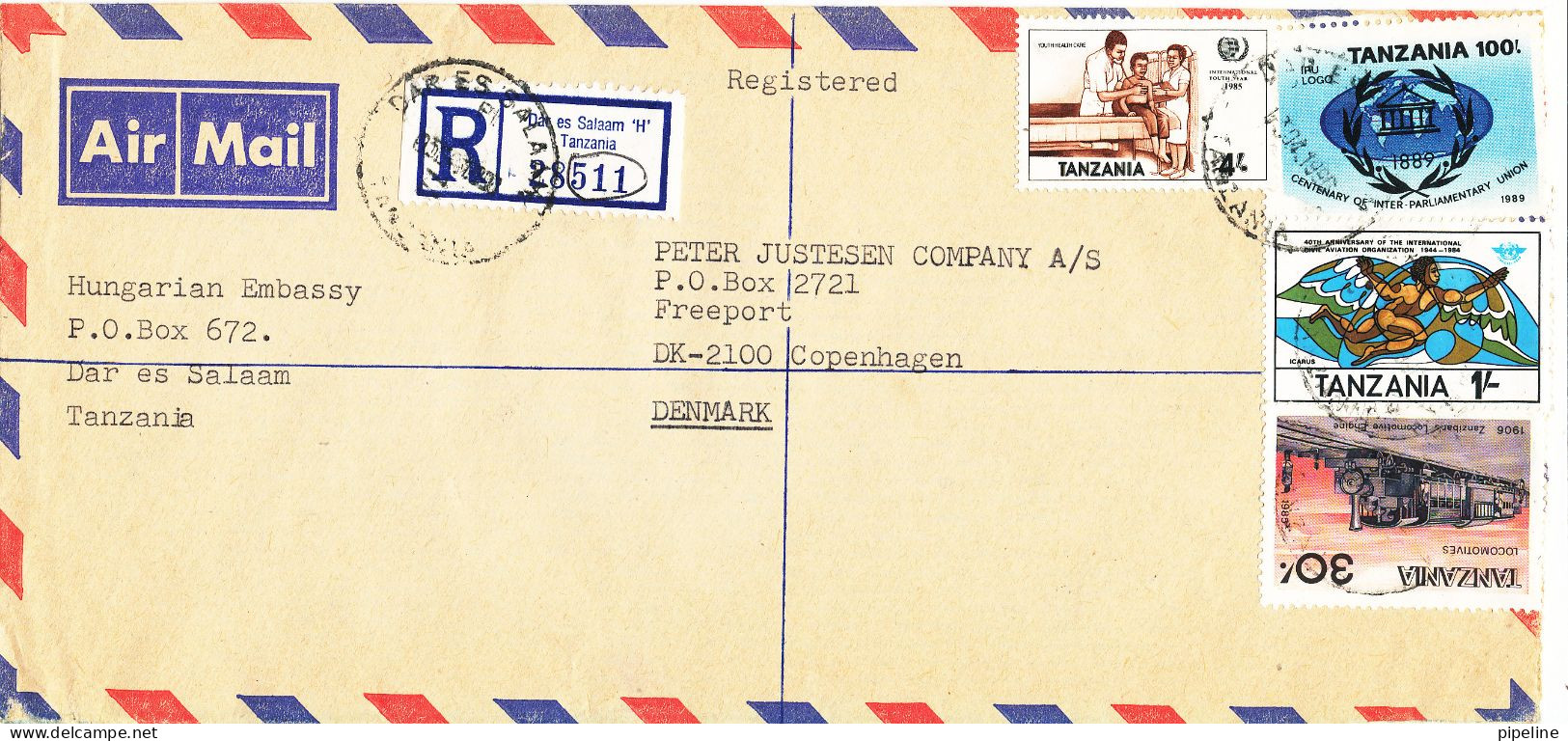 Tanzania Registered Air Mail Cover Sent To Denmark 3-4-1990 (from The Embassy Of Hungary) - Tanzanie (1964-...)