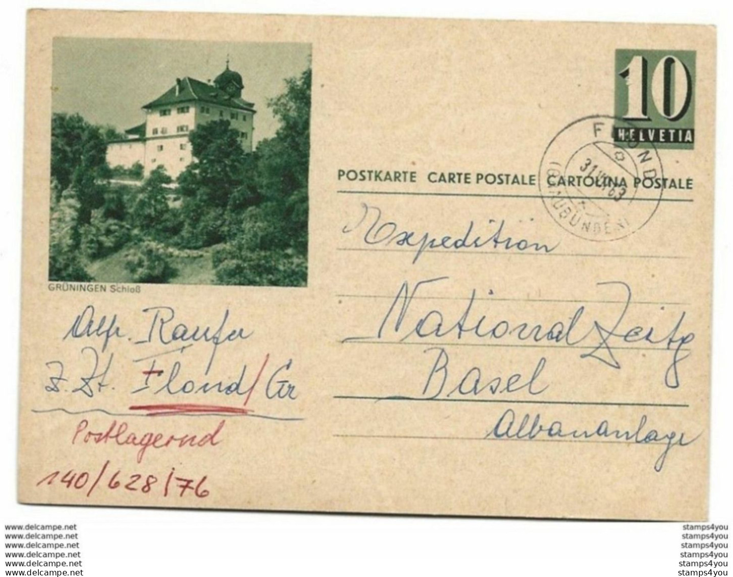 231 - 9 - Entier Postal Avec Illustration "Grüningen" Superbe Cachet à Date  Flong Graubünden 1963 - Stamped Stationery