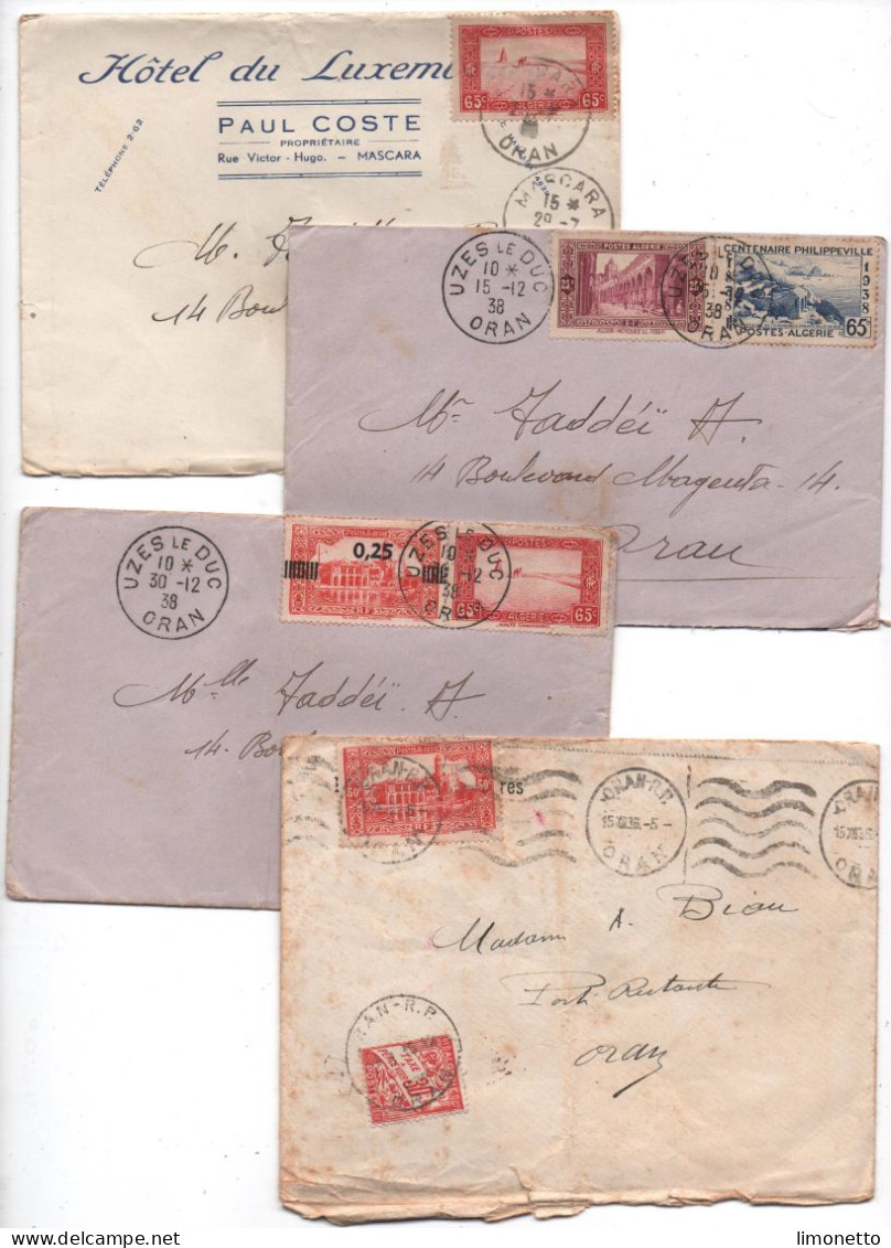 ALGERIE -1936/38- Lot De 4 Enveloppes- Sans Cor.  - Aff. Divers D'Algérie + Taxe - Bon état - Covers & Documents