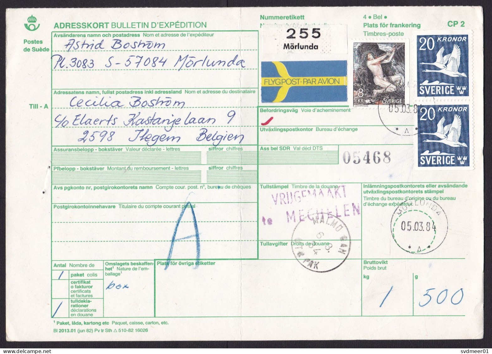 Sweden: Parcel Form To Belgium, 1984, 3 Stamps, Bird, Air Label, Customs Cancel, Bulletin, Morlunda (minor Damage; Fold) - Briefe U. Dokumente