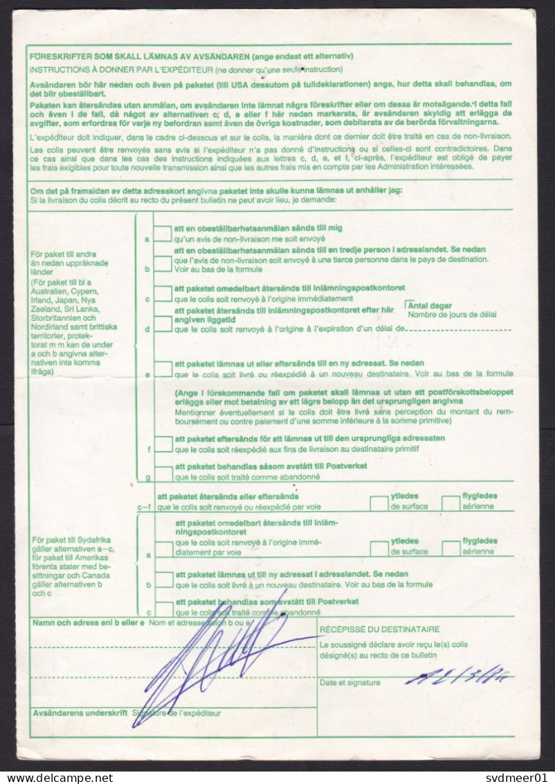 Sweden: Parcel Form To Belgium, 1984, 3 Stamps, Bird, Air Label, Customs Cancel, Bulletin, Morlunda (minor Damage; Fold) - Cartas & Documentos