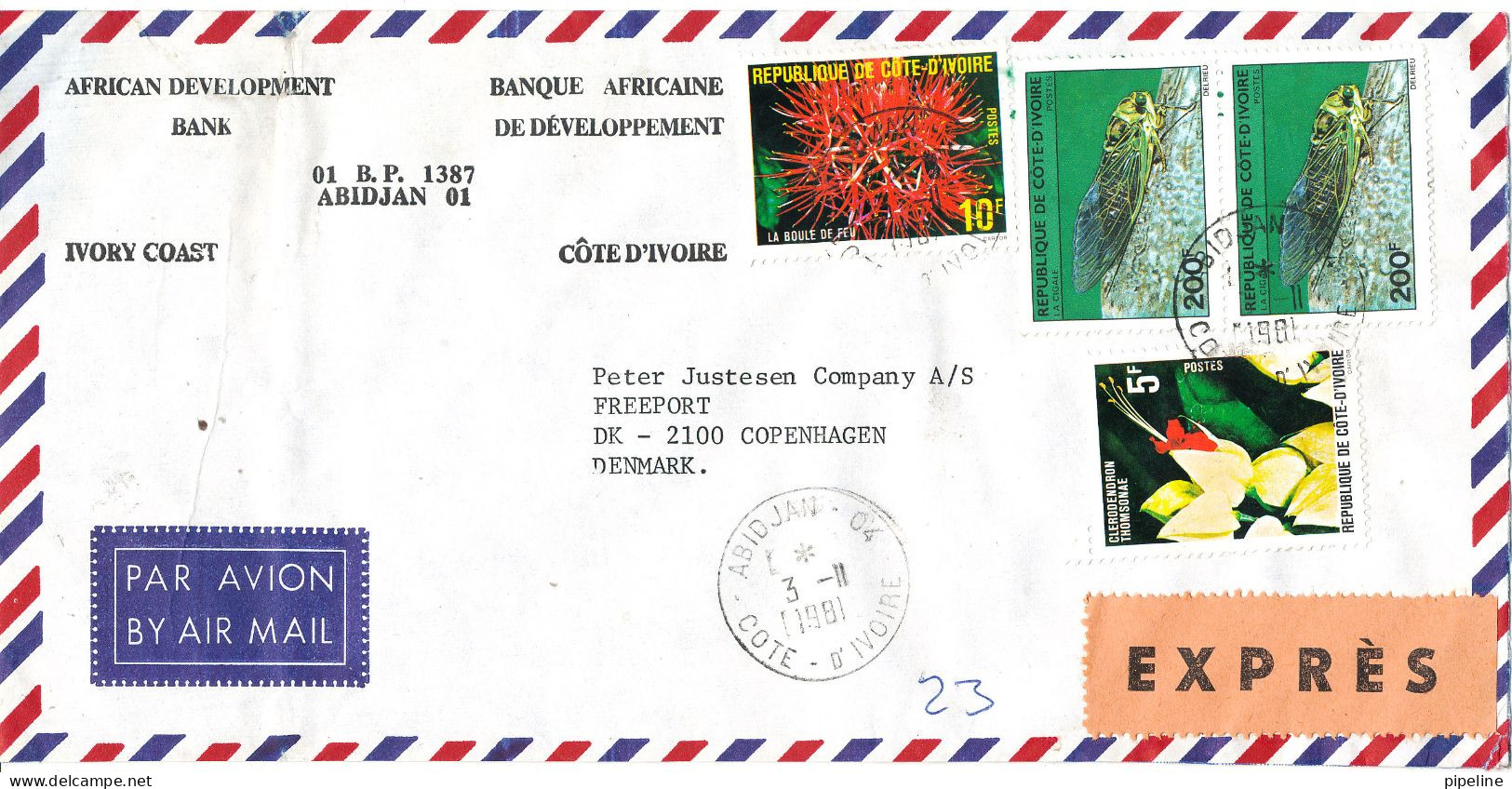 Ivory Coast Air Mail Bank Cover Sent Express To Denmark 3-2-1981 Topic Stamps - Ivory Coast (1960-...)