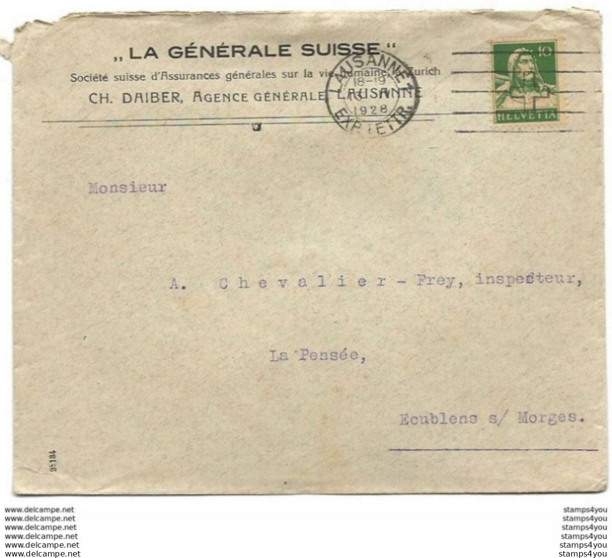 231 - 104G - Entier Postal Privé "La Générale Suisse Lausanne 1928" - Cartas & Documentos