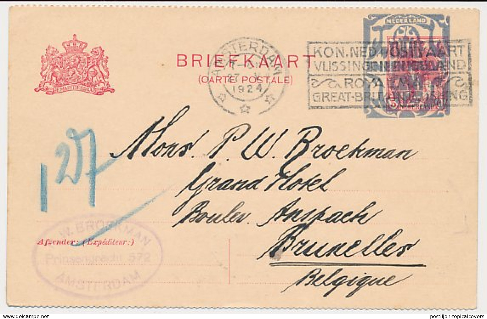 Briefkaart G. 156 B II Amsterdam - Brussel Belgie 1924 - Postwaardestukken