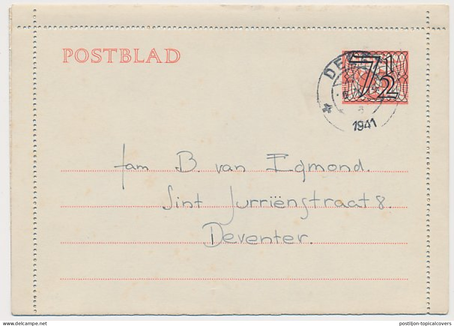 Postblad G. 21 Delft - Deventer 1941  - Postal Stationery