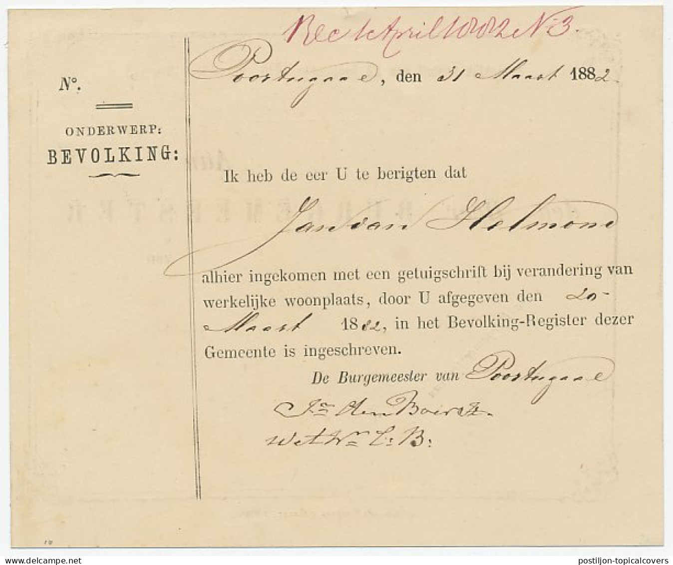 Naamstempel Poortugaal 1882 - Brieven En Documenten