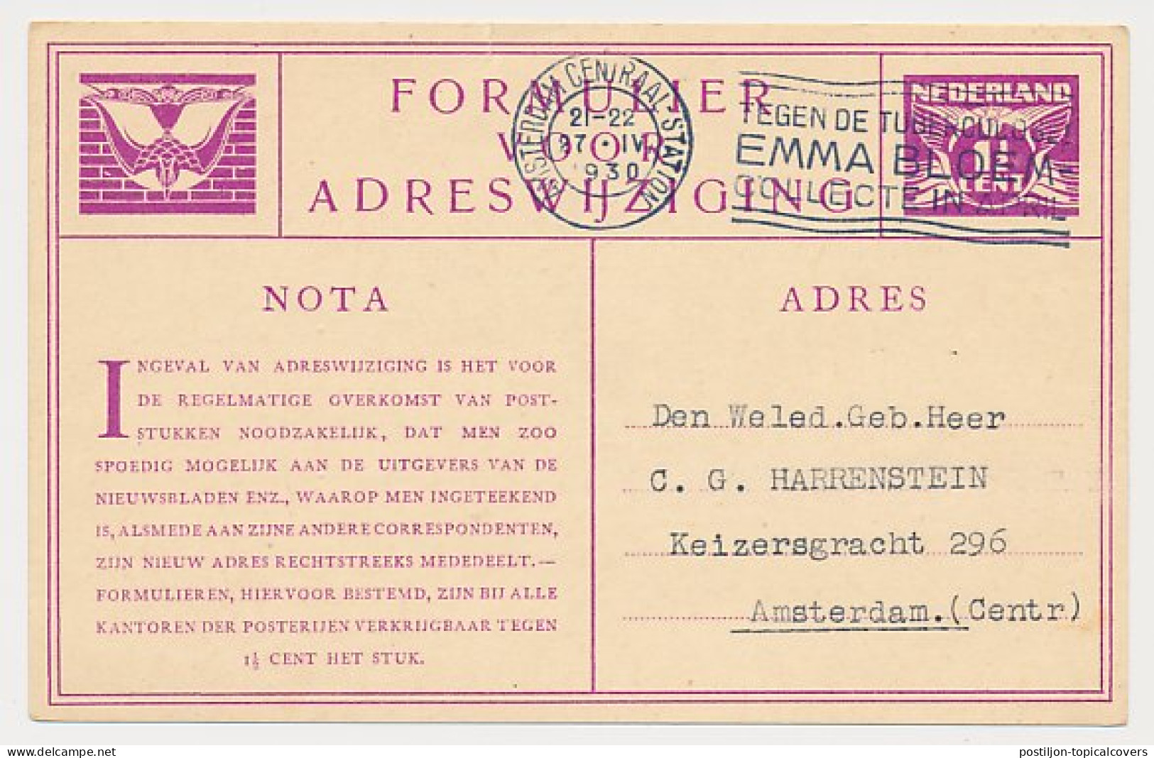 Verhuiskaart G. 9 Locaal Te Amsterdam 1930 - Entiers Postaux