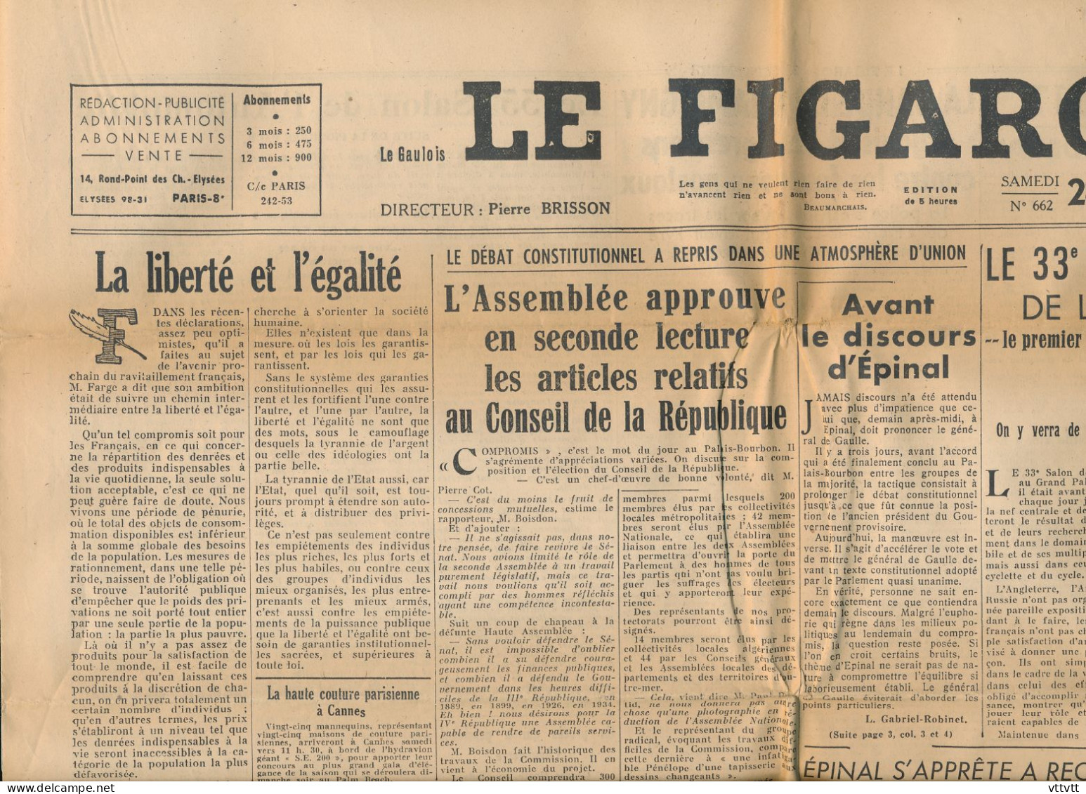 LE FIGARO, Samedi 28 Septembre 1946, N° 662, Débat Constitutionnel à L'Assemblée, 33° Salon Français De L'automobile... - Allgemeine Literatur