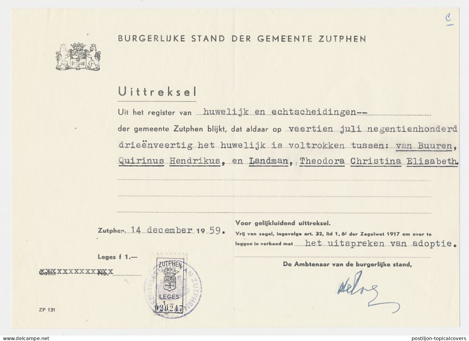 Gemeente Leges 1.- Zutphen 1959 - Revenue Stamps