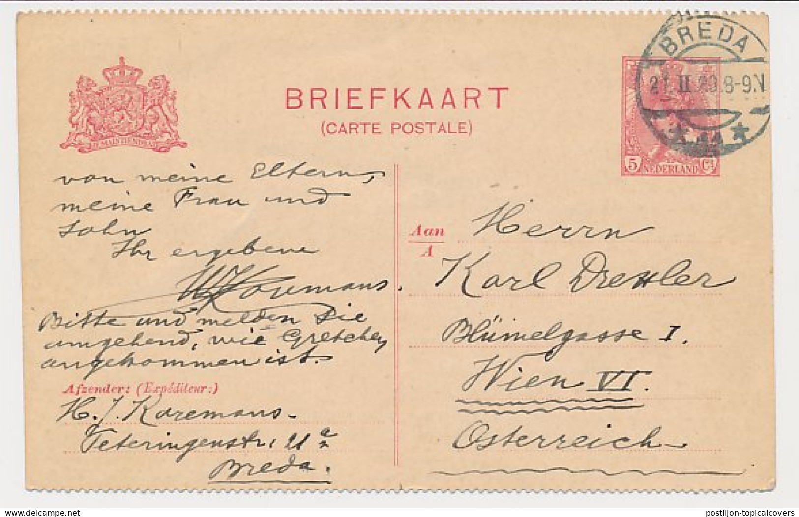 Briefkaart G. 84 B I Breda - Wenen Oostenrijk 1920 - Postwaardestukken