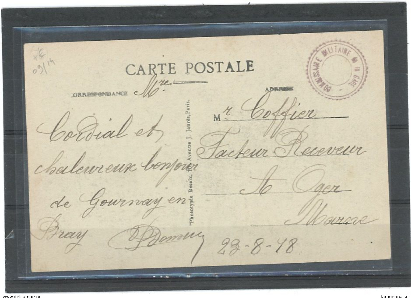 CACHET MILITAIRE -76 GOURNAY EN BRAY -C P- FRAPPE  TTB -DOUBLE CERCLE ,VIOLET,23mm .COMMISSAIRE MILITAIRE DE LA GARE - 1. Weltkrieg 1914-1918