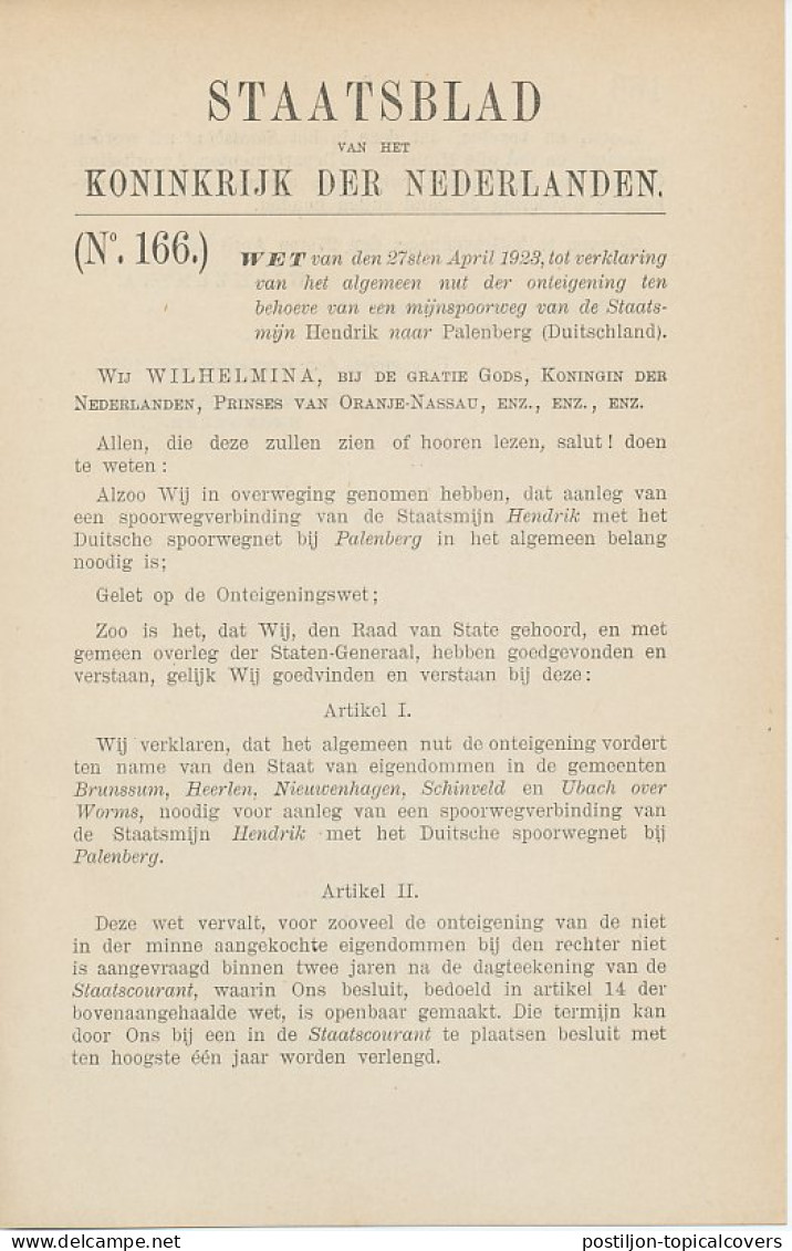 Staatsblad 1923 : Spoorlijn Staatsmijn Hendrik - Palenberg - Documents Historiques