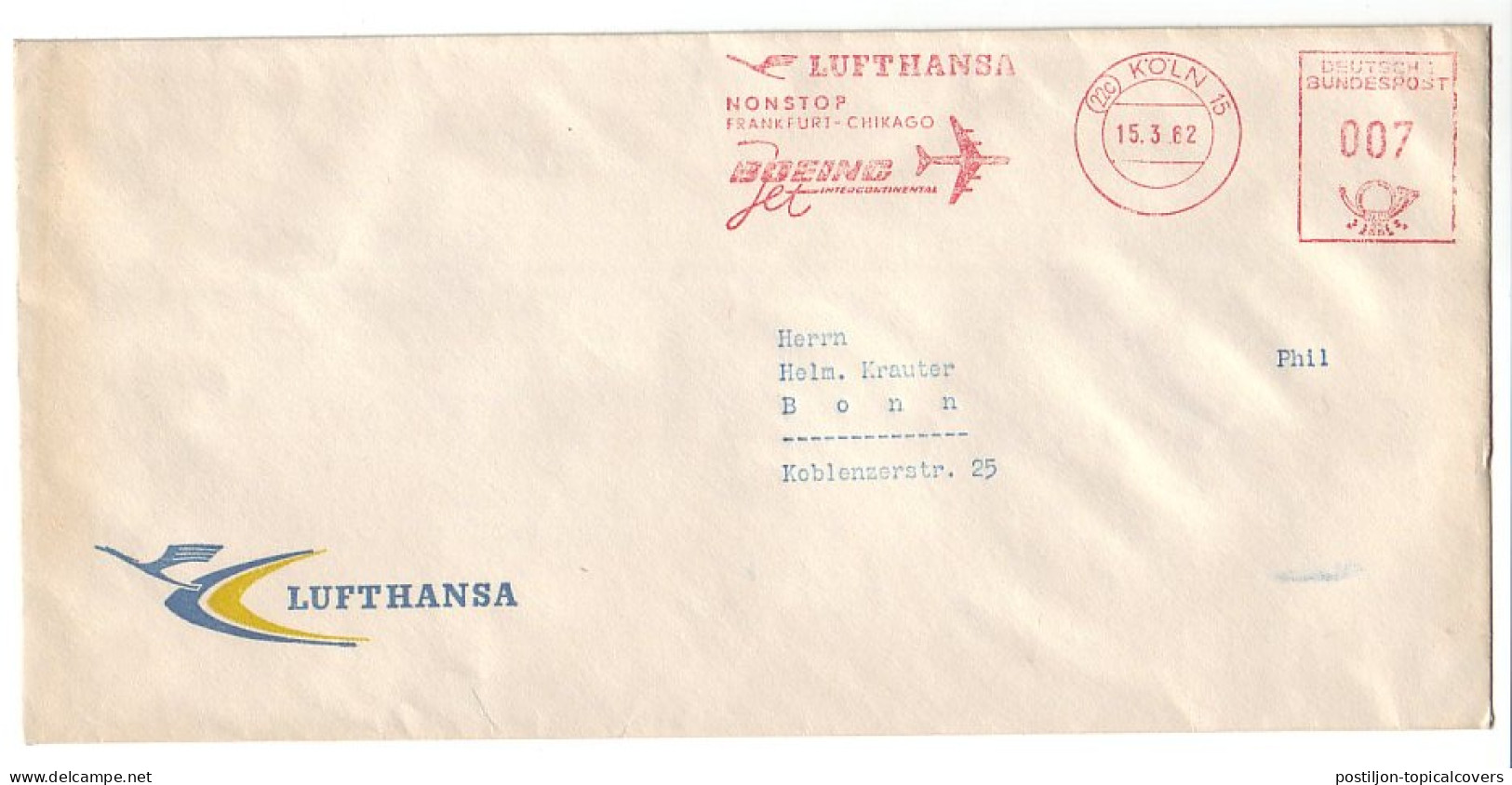 Meter Cover Germany 1972 Lufthansa Airlines - Boeing Jet - Nonstop Franfurt - Chicago - Aerei