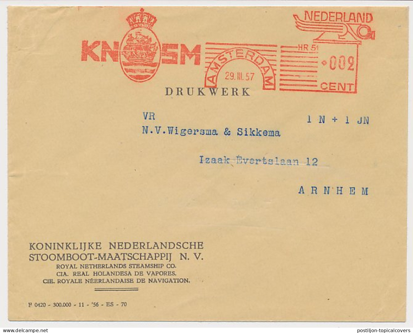 Meter Cover Netherlands 1957 KNSM - Royal Dutch Steamship Company  - Schiffe