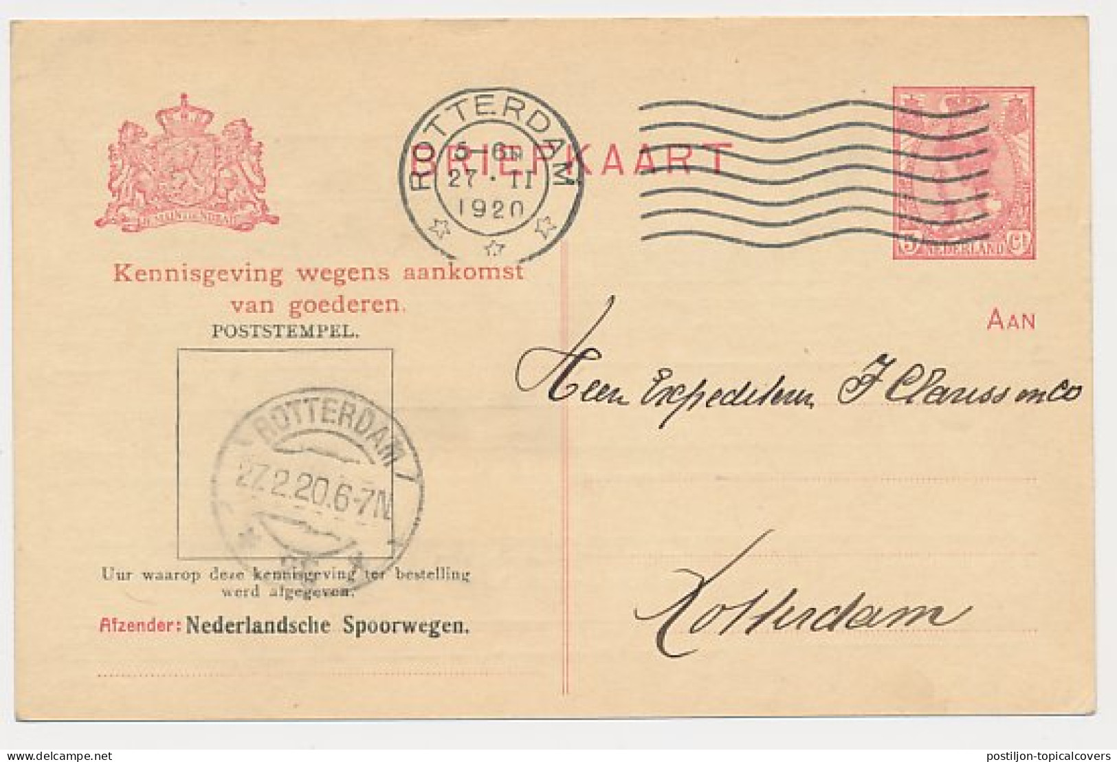 Spoorwegbriefkaart G. NS103-I A - Locaal Te Rotterdam 1920 - Postal Stationery