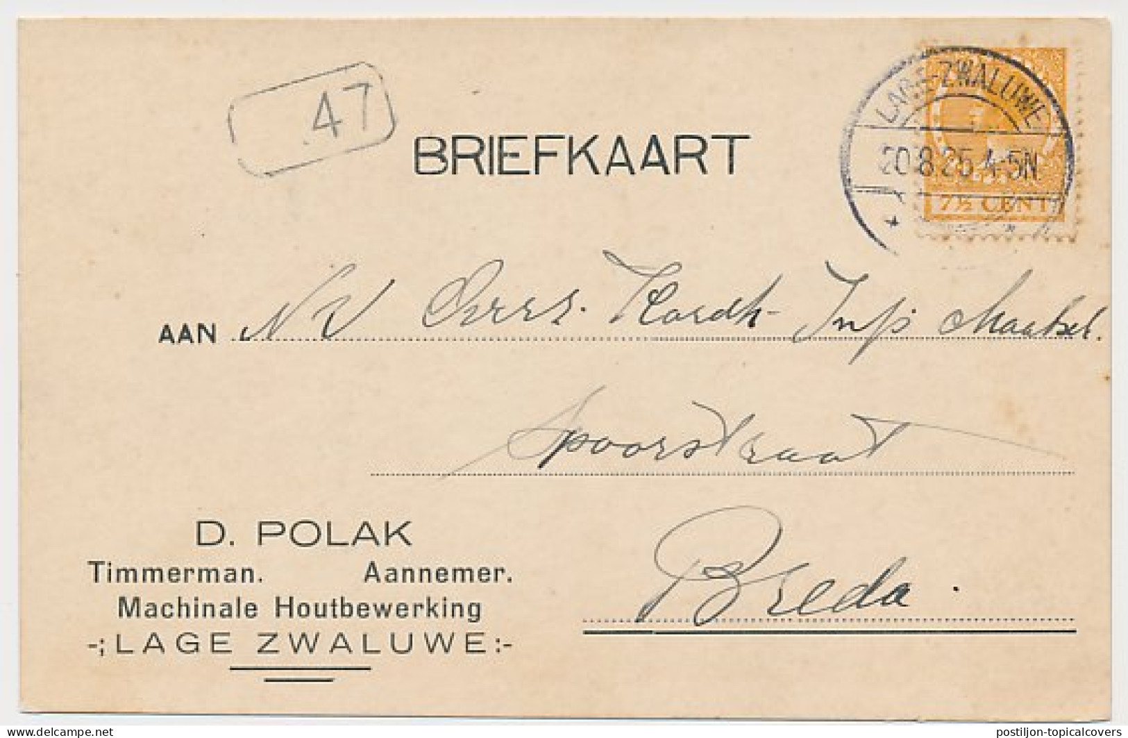 Firma Briefkaart Lage Zwaluwe 1925 - Timmerman - Aannemer - Unclassified