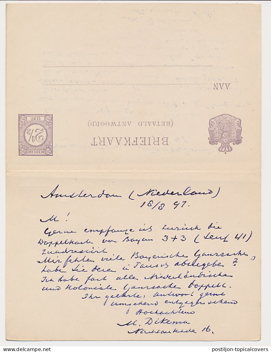 Briefkaart G. 34/ Bijfrankering Amsterdam - Duitsland 1897 - Ganzsachen