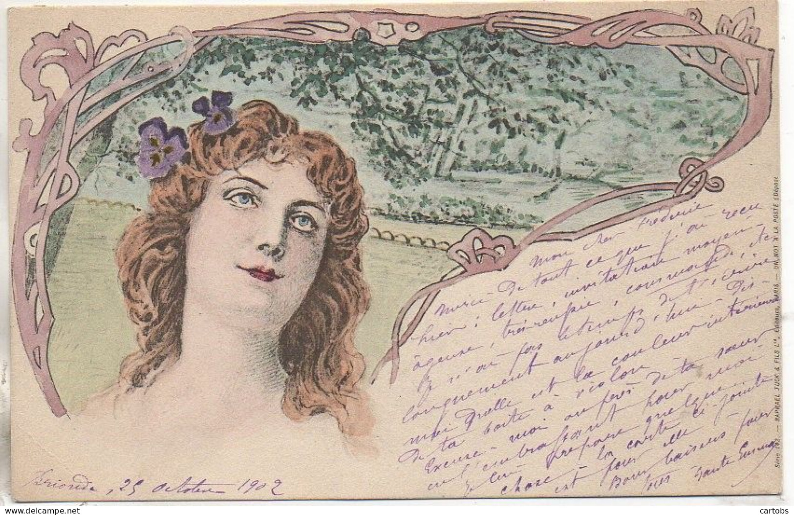 Art Nouveau  Jolie Jeune Femme Avec Pensée Dans Les Cheveux (Série 142 - Raphaël Tuck Editeur - Un Mot à La Poste - Vor 1900