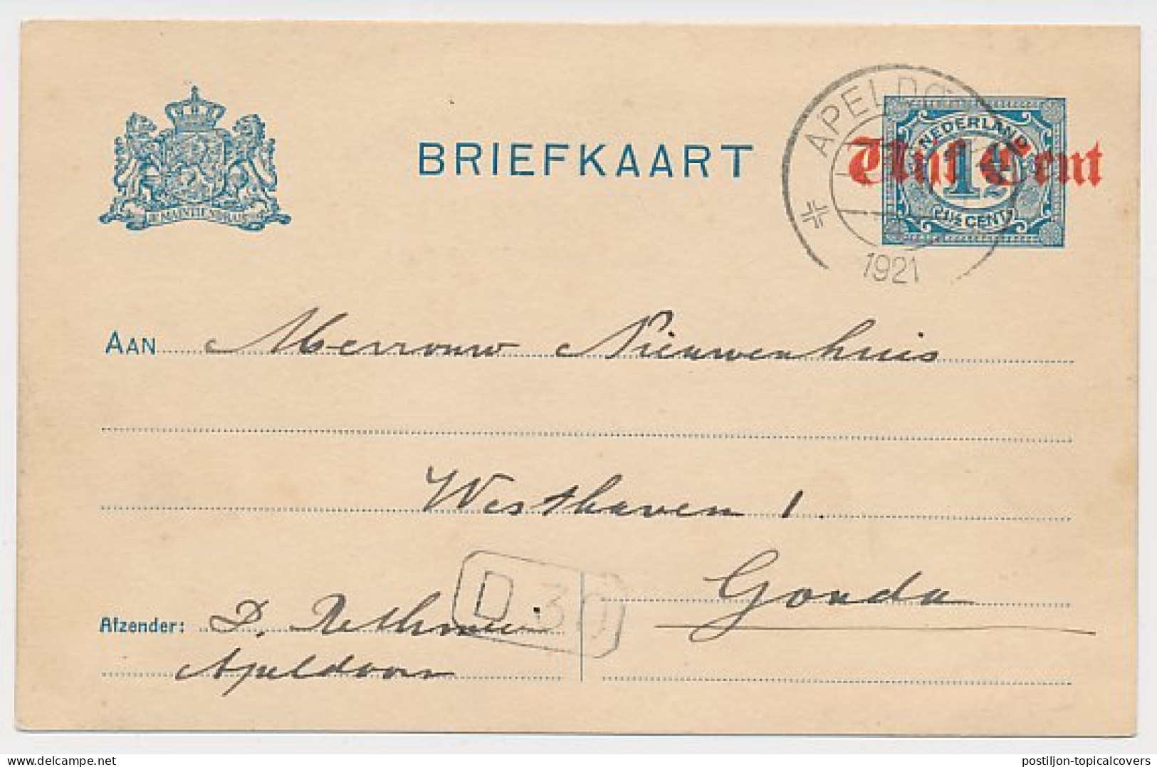 Briefkaart G. 106 A II Apeldoorn - Gouda 1921  - Postal Stationery