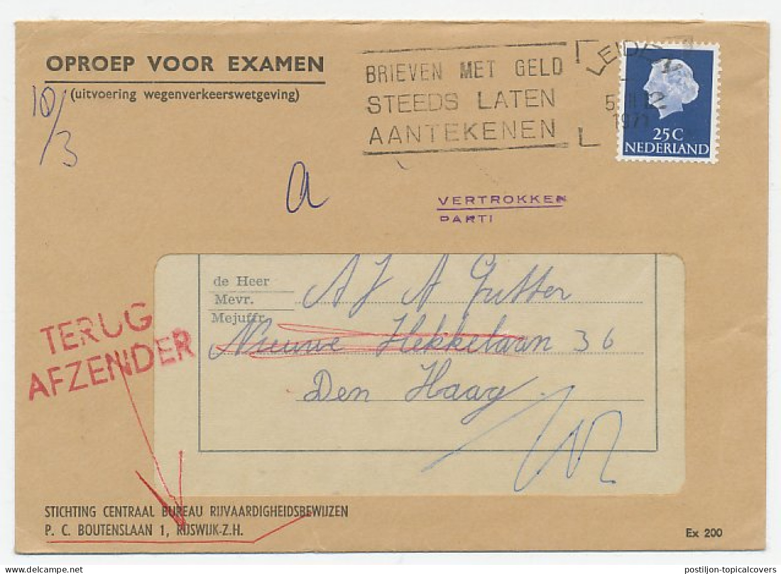 Leiden - Den Haag 1971 - Vertrokken - Terug Afzender - Ohne Zuordnung