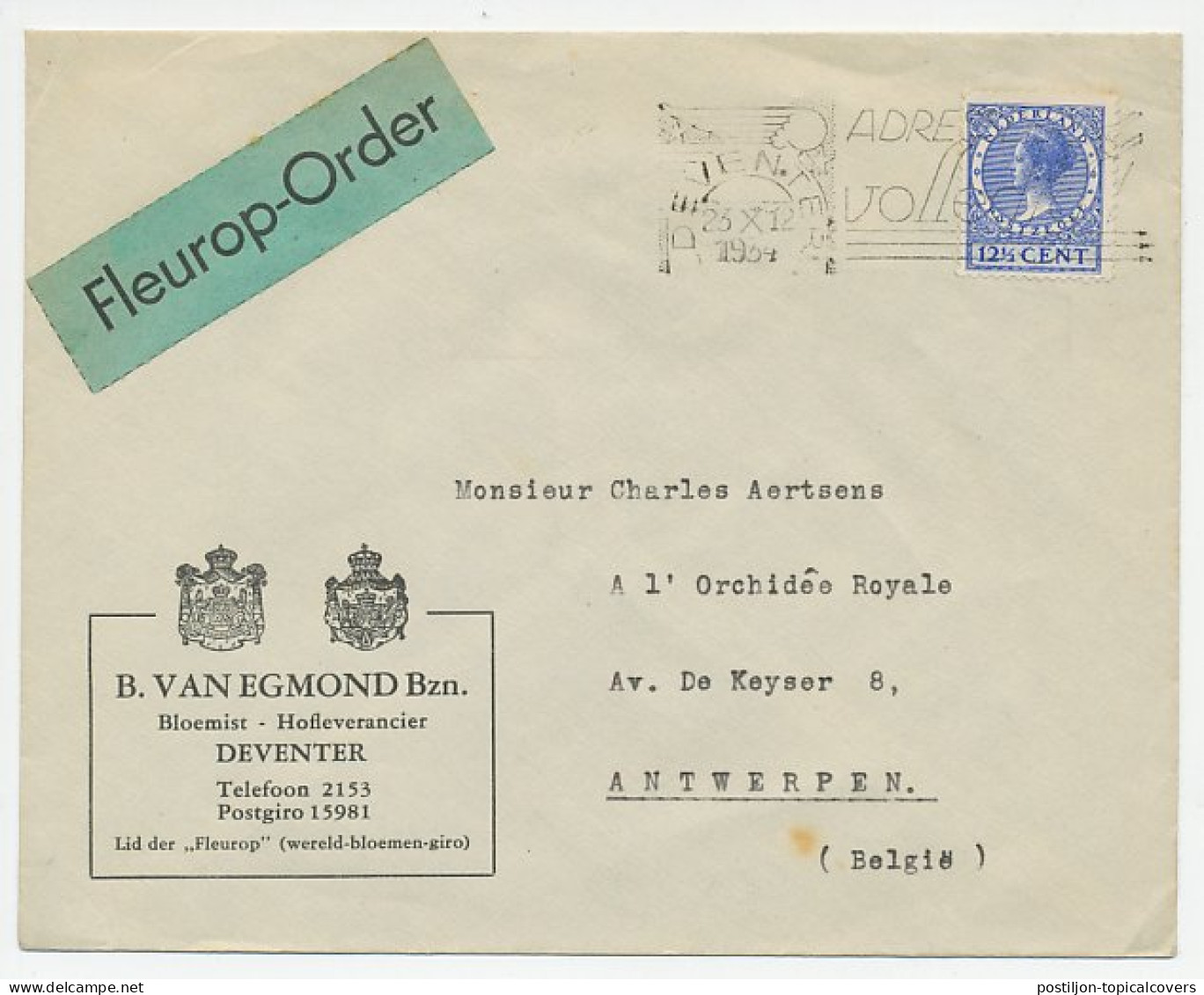 Firma Envelop / Sluitzegel Deventer 1934 - Bloemist / Fleurop - Ohne Zuordnung