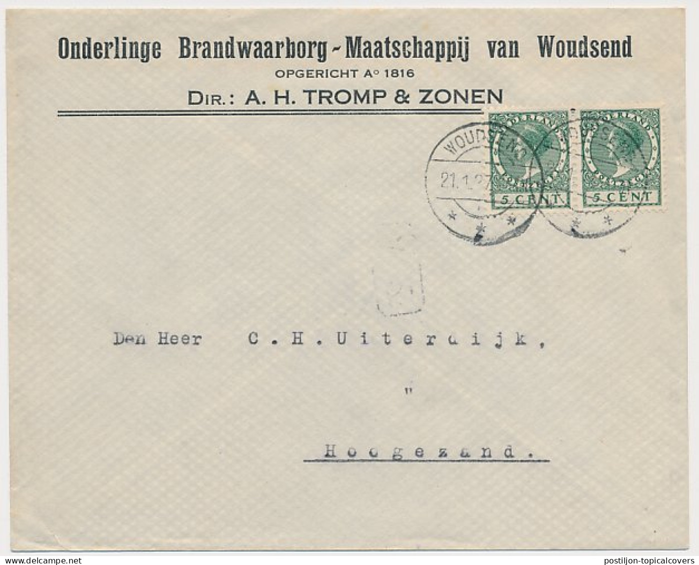 Firma Envelop Woudsend 1927 - Ond. Brandwaarborg Maatschappij - Ohne Zuordnung