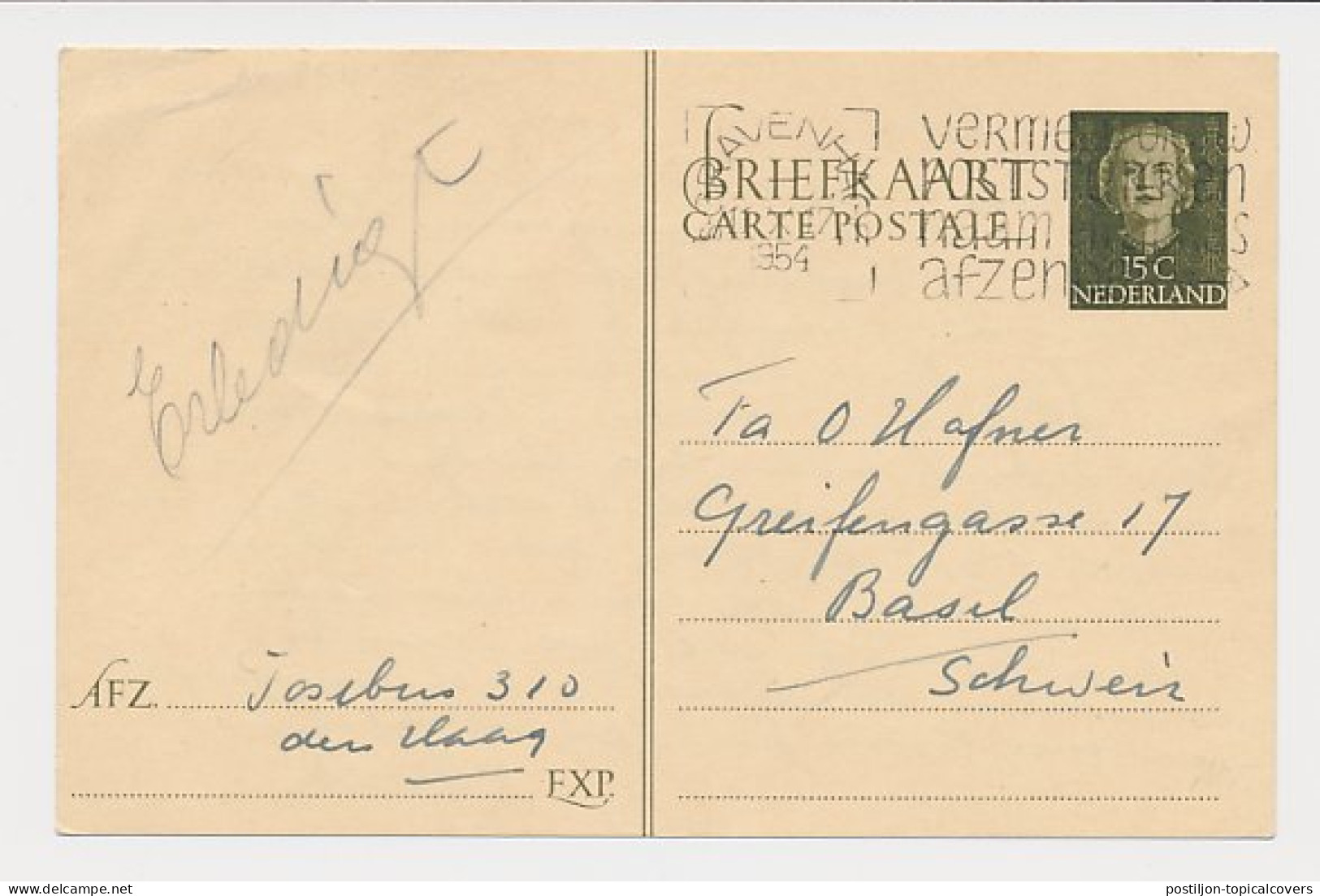 Briefkaart G. 311 Den Haag - Zwitserland 1954 - Postal Stationery