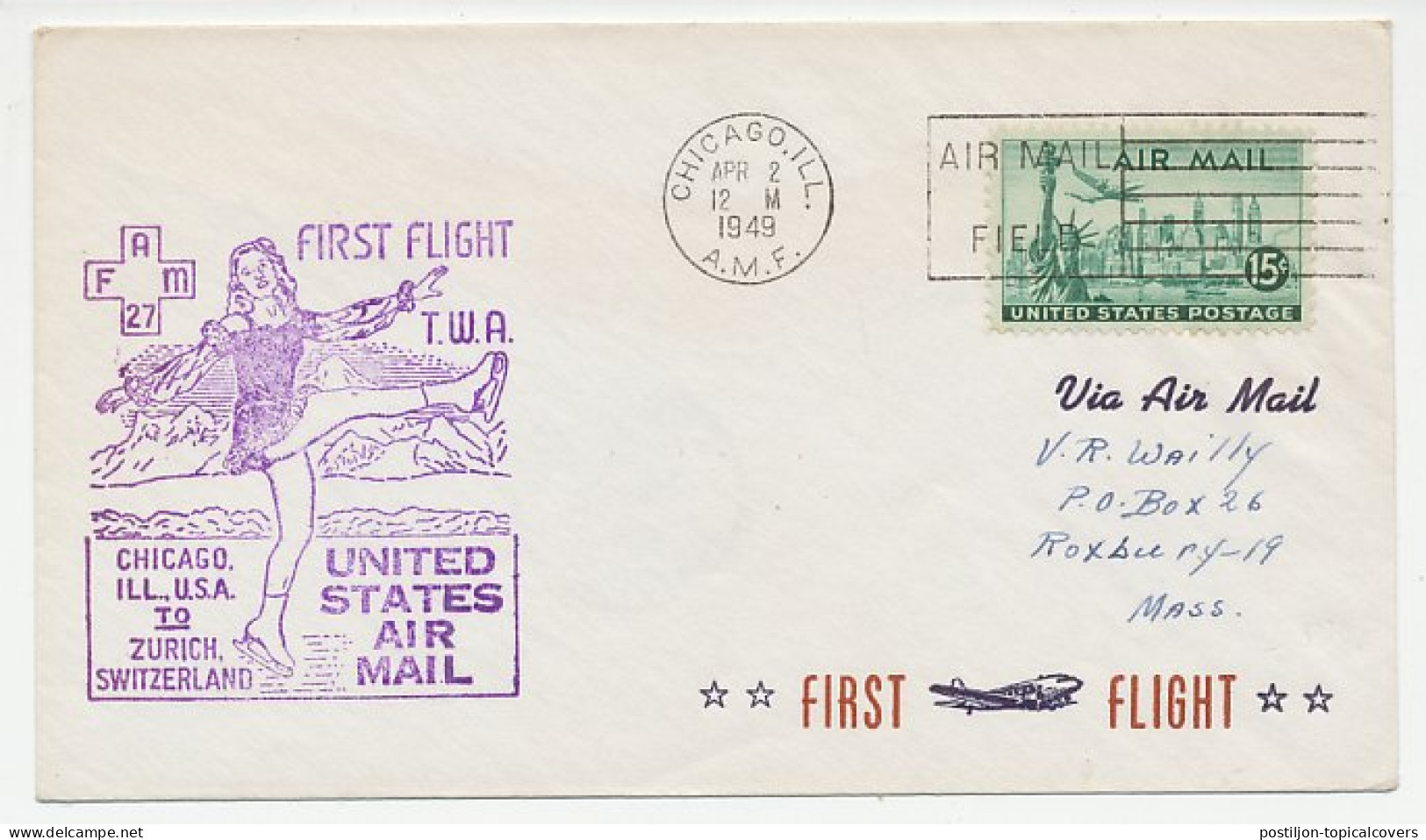 FFC / First Flight Cover USA 1949 USA - Switzerland - Figure Skating - Wintersport (Sonstige)