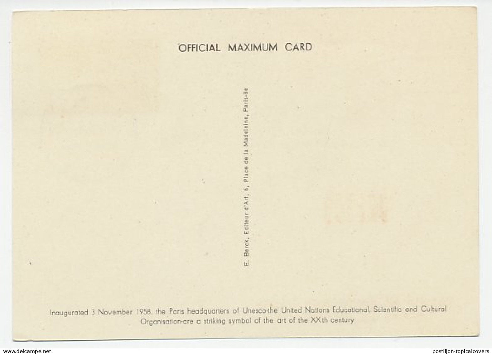 Maximum Card France 1958 UNESCO - Palace - UNO