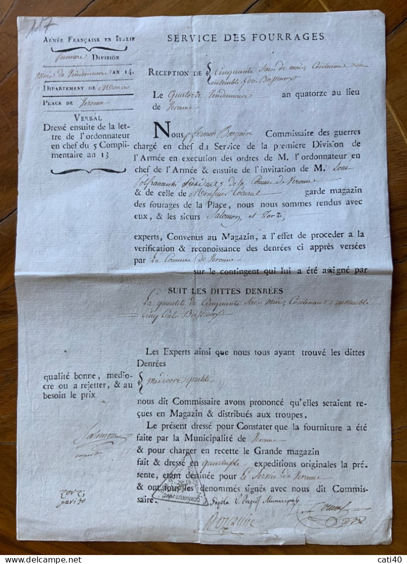 ARMEE FRANCAISE EN ITALIE - SERVICE DES FOURRAGES - VERONA 14 Vendemaire AN 14 - IL COMMISSARIO DI GUERRA - Documents Historiques