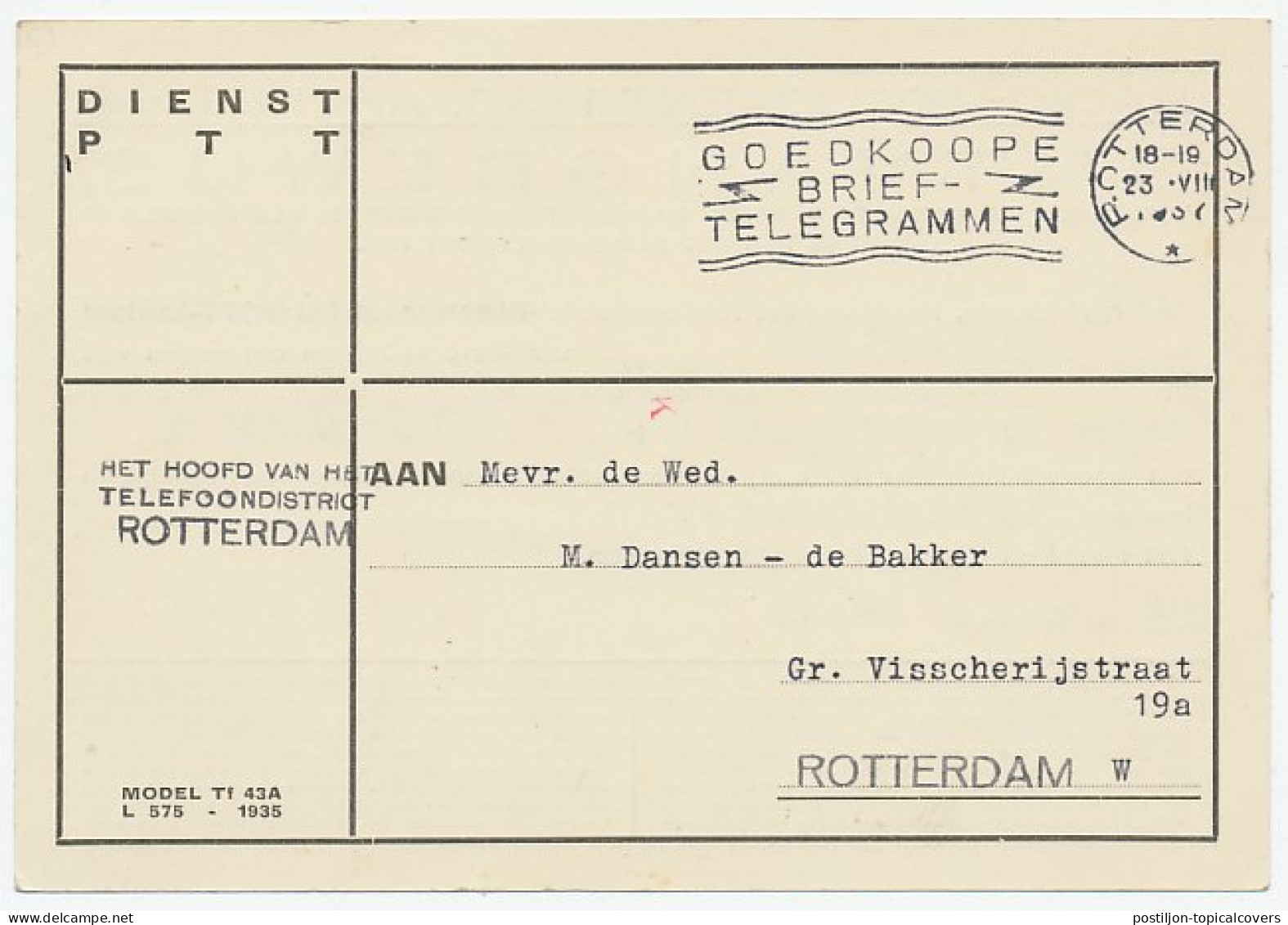 Dienst PTT Rotterdam 1937 - Ontvangbewijs Radio - Ohne Zuordnung