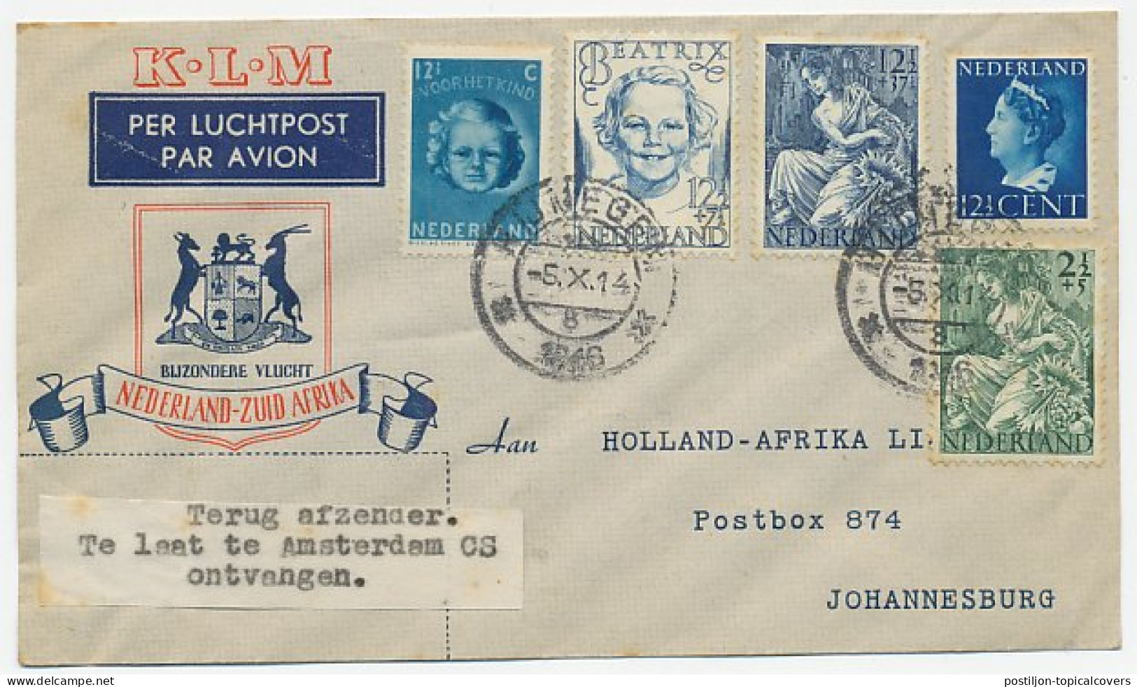 Nijmegen - Zuid Afrika 1946 - Etiket: Terug Afzender - Te Laat - Unclassified
