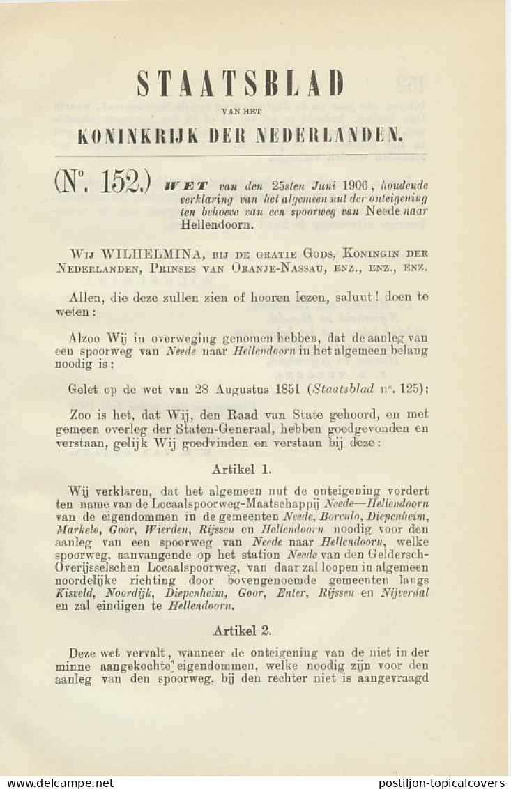 Staatsblad 1906 : Spoorlijn Neede - Hellendoorn - Documents Historiques