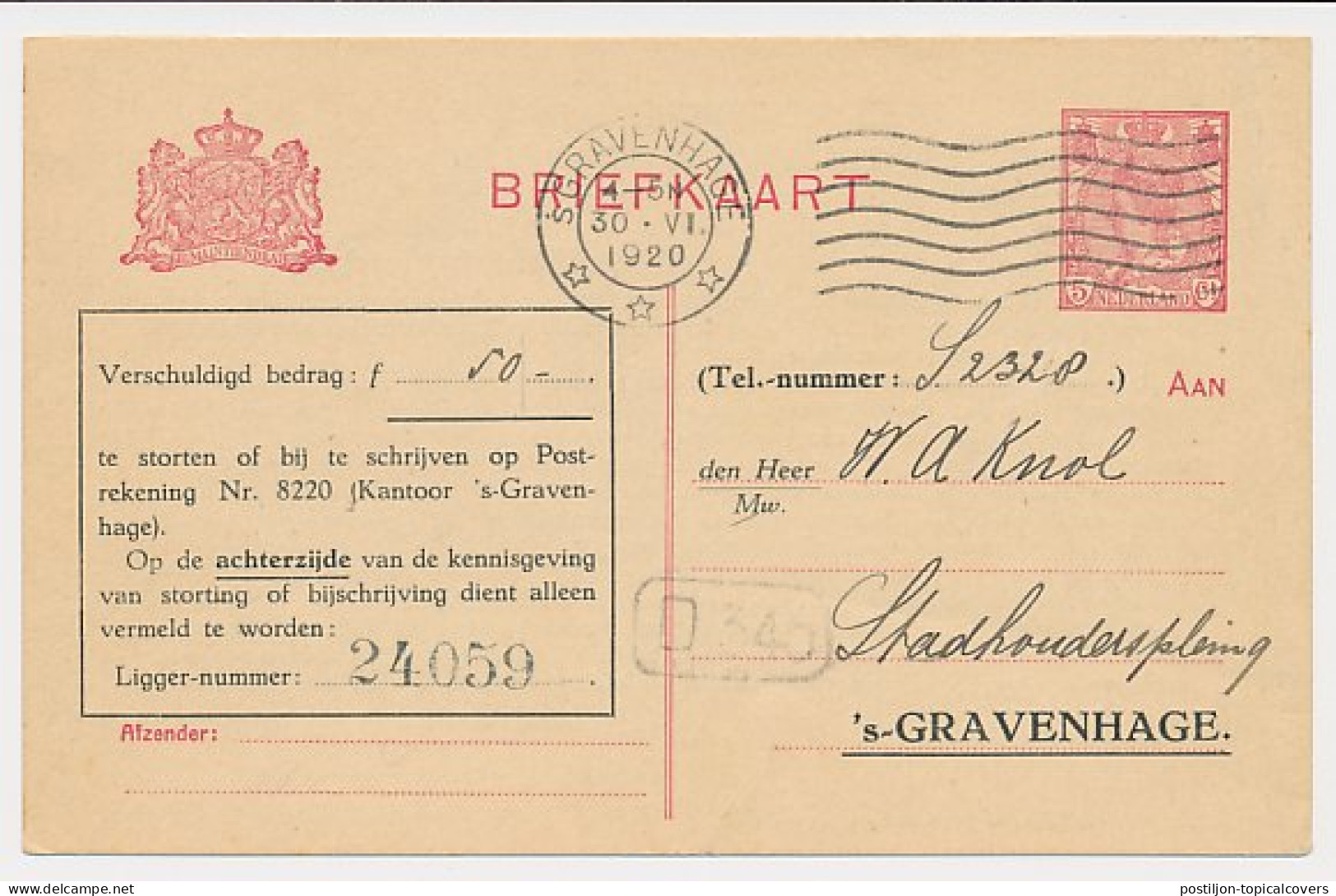 Briefkaart G. TEL103-Ia - Telephoondienst S-Gravenhage 1920 - Postal Stationery