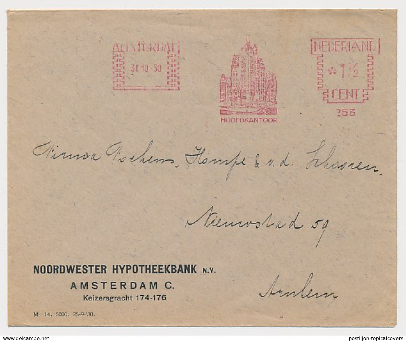 Meter Cover Netherlands 1930 Building - Bank - Amsterdam - Autres & Non Classés