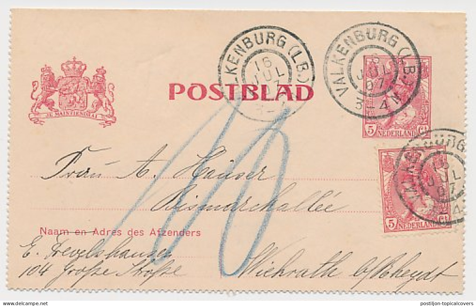 Postblad G. 12 / Bijfr. Valkenburg Wickrath Duitsland 1907 - Postal Stationery