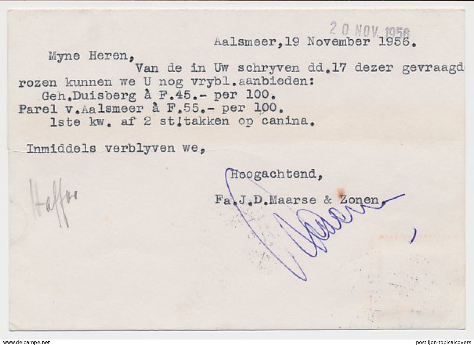 Firma Briefkaart Aalsmeer 1956 - Kwekerij - Unclassified