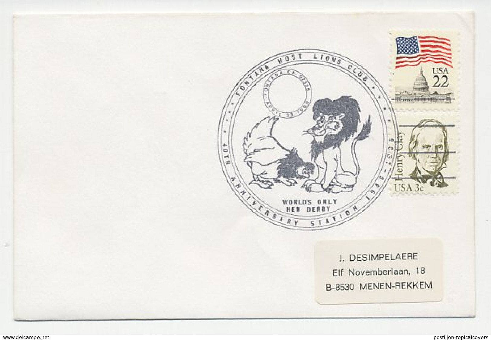 Cover / Postmark USA 1986 Lions Club - Hen Derby - Rotary, Club Leones
