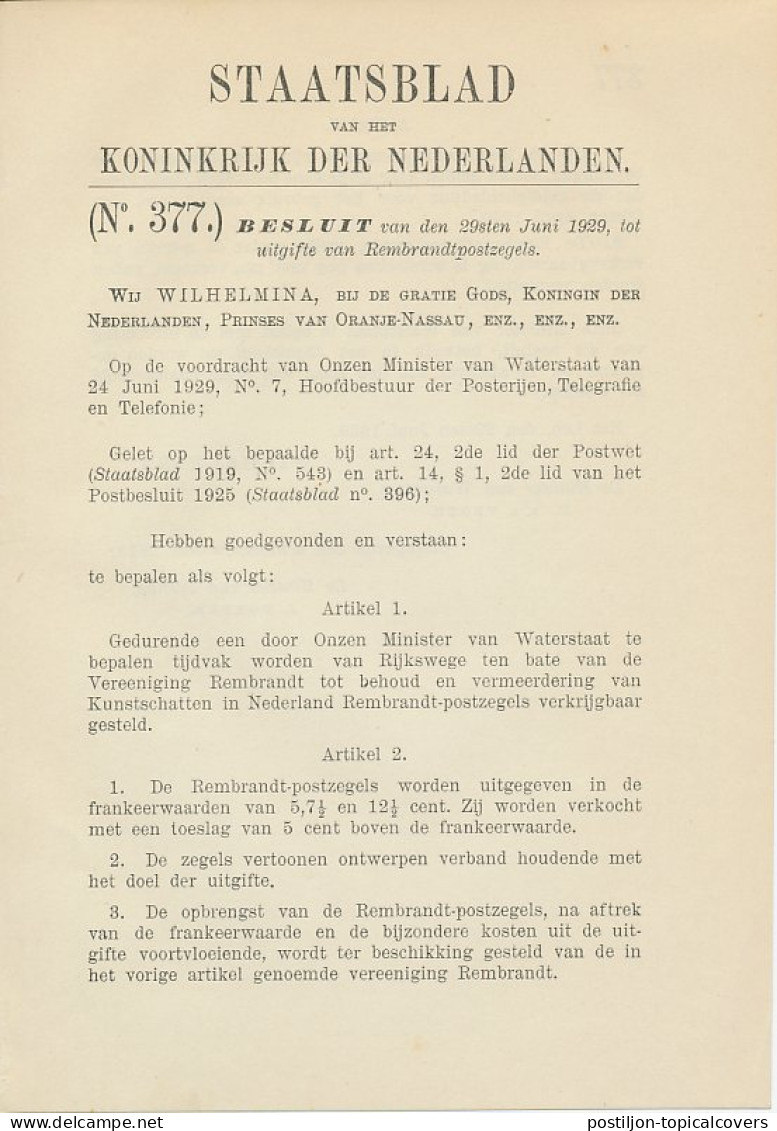 Staatsblad 1929 : Uitgifte Rembrandtzegels Emissie 1930 - Briefe U. Dokumente