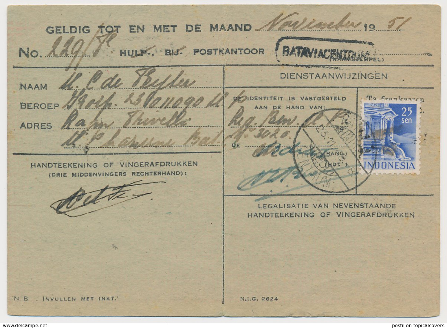 Post Office Control Card Batavia Indonesia 1949 - Netherlands Indies